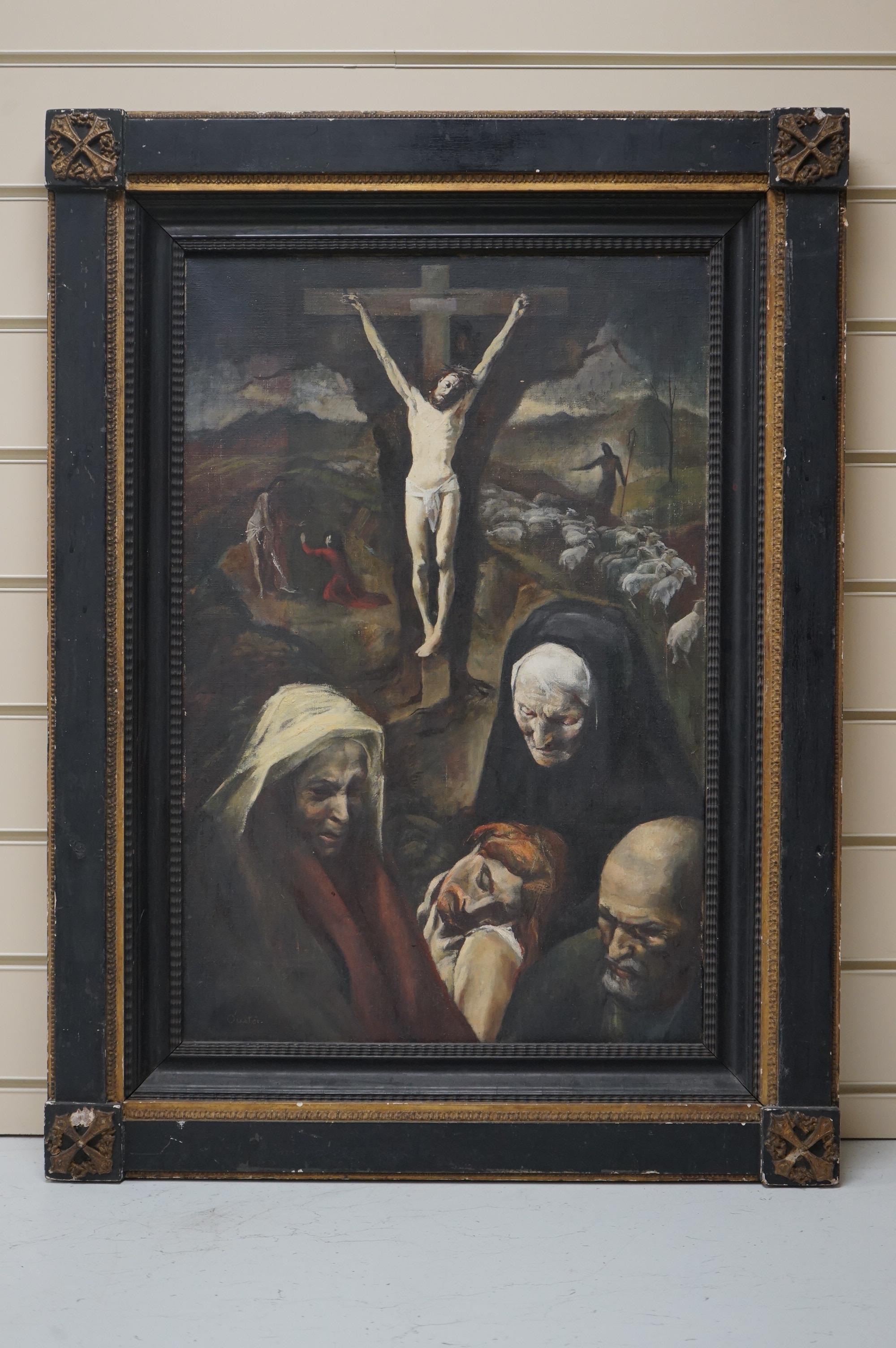 20th century School, oil on canvas, Crucifixion scene with mourners, indistinctly signed lower left, 60 x 39cm, housed in a Dutch ebonised ripple moulded frame. Condition - good